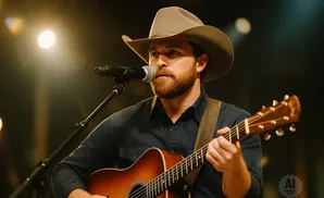 A man in a cowboy hat plays an acoustic guitar and sings into a microphone.