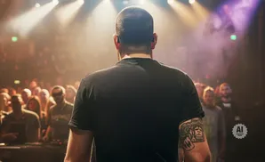 Man in black t-shirt with arm tattoo stands facing a crowd at a concert.