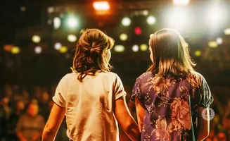 Two women stand on a stage, hands clasped, facing a blurred audience and bright stage lights.