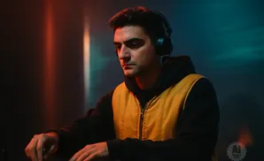 DJ wearing headphones and a yellow vest, focused on equipment in a dimly lit room.