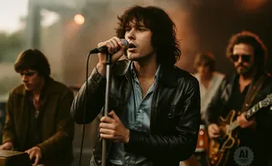 A young man with dark, curly hair sings into a microphone, wearing a black leather jacket.