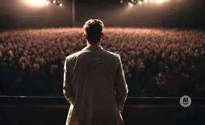 A man in a trench coat stands on a stage, facing a large, dimly lit audience.