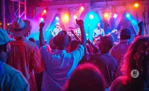 People in hats at a concert, silhouetted against stage lights.