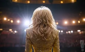Dolly Parton on stage, facing away, wearing a sparkly gold outfit, with bright lights behind her.