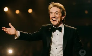 A man in a tuxedo smiles and gestures with his hand.