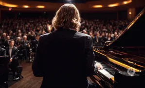 A pianist plays a grand piano to a large audience in a concert hall.