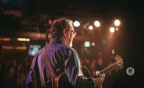 Man playing guitar on stage, with bokeh lights in the background.