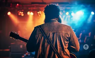 A musician seen from behind plays a guitar on a stage with colored lights.