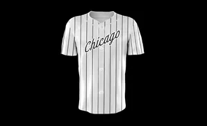 A white baseball jersey with black pinstripes and 