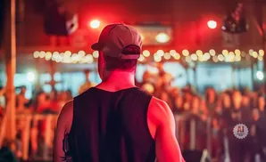 Man in a baseball cap and tank top faces away from the camera on a stage, with a blurred audience and red lights in the background.