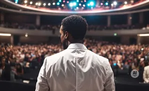 A man in a white jacket faces an audience in a dimly lit auditorium.
