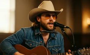A man in a cowboy hat and denim jacket plays guitar and harmonica into a microphone.
