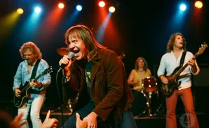 A rock band performs on stage, with the lead singer in the foreground singing into a microphone.