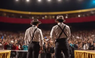 Two men in white shirts, suspenders, and hats stand on a stage facing a large audience.