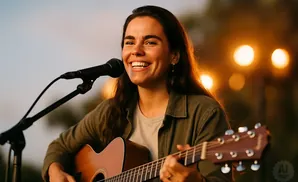 A woman with long, dark hair smiles while playing an acoustic guitar and singing into a microphone.