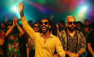 A group of people are dancing at a concert, illuminated by colorful lights. One man in the foreground is raising his hand.