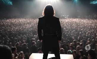 A performer in a long black coat stands on a stage facing a large, cheering crowd under bright stage lights.