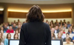 A woman in a dark blazer faces a blurred audience in a lecture hall.