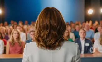 Woman in a white blazer speaking to an audience in a brightly lit room.