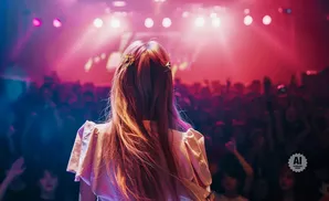 A woman with long, light brown hair, decorated with gold clips, stands with her back to the camera, facing a cheering crowd under pink stage lights.