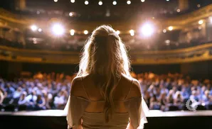 Woman with long blonde hair facing a large, blurred audience in a brightly lit theater.