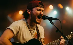 A man sings into a microphone while playing an acoustic guitar on stage, with blurred lights in the background.