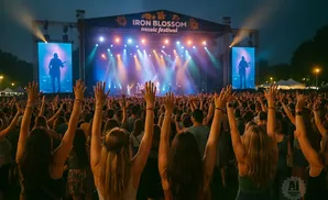 Crowd with hands raised at an outdoor music festival at dusk, with a stage lit by colorful lights.