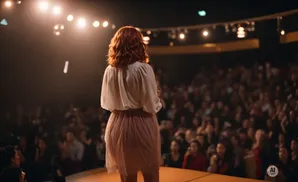 Woman with auburn hair in a white shirt and pink skirt speaks to an audience under bright stage lights.