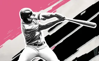 Baseball player swinging a bat against a pink and black abstract background.