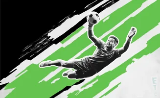 A male soccer goalie catches a ball mid-air against a green and black abstract background.