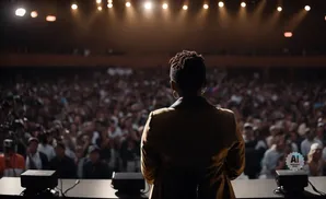 A speaker stands before a large, cheering audience, illuminated by stage lights.