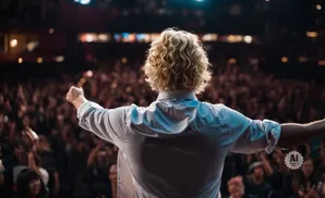 A person with curly blonde hair stands on a stage with arms outstretched, facing a large, cheering audience.