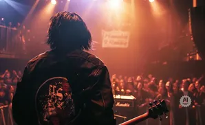 A musician in a denim jacket plays guitar on stage in front of a cheering crowd.