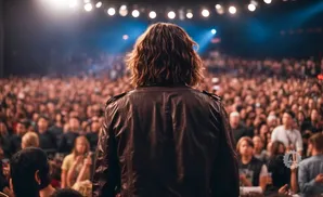Person in leather jacket on stage faces large, blurred audience with lights above.