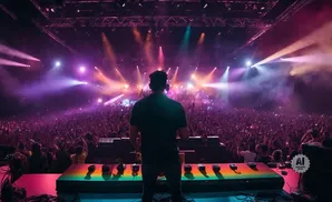 DJ performing for a large crowd at a concert, with vibrant stage lighting.