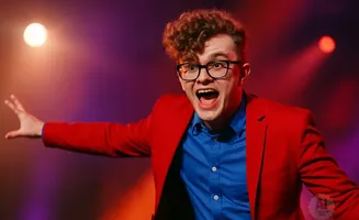 A man in a red suit and blue shirt with curly hair and glasses looks surprised, with his mouth open and arms outstretched.