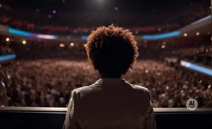 A person with an afro stands on a stage, facing a large, cheering crowd in a stadium.
