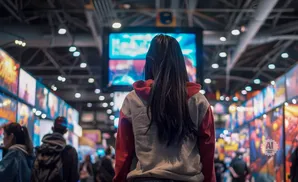 Woman in a red and gray hoodie looking at a large screen at a crowded event.