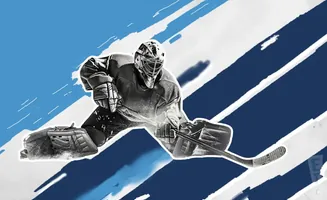 A hockey goalie in a split-leg save position with a blue and white abstract background.