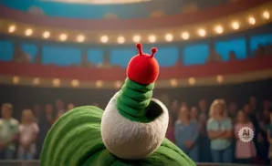 Close-up of a plush caterpillar toy with a red head and green segmented body in a theater.