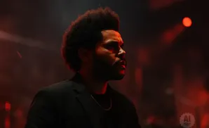 The Weeknd in a black suit with a chain, lit by red stage lights
