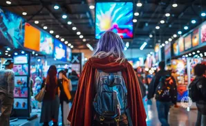 A person with purple hair and a red cape walks through a brightly lit convention hall filled with displays and people.