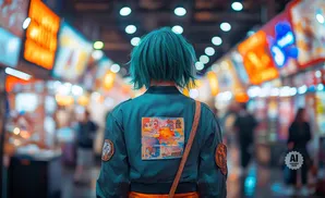 A person with teal hair stands in a busy, brightly lit marketplace, wearing a bomber jacket with colorful patches.