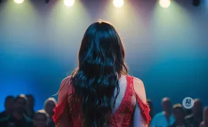 Woman in a red dress facing away from camera on a stage with lights and an audience.