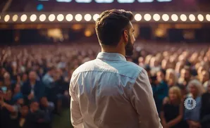 Man in a white shirt facing a large, blurred audience under bright lights.