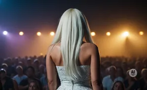 A woman with long blonde hair in a sparkly dress faces a crowd under stage lights.