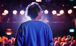 A person in a blue sweatshirt stands on a stage with a crowd watching.