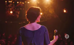 A woman on stage holds a microphone, facing an audience under warm spotlights.