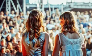 Two young women stand facing away from the camera, with an audience blurred in the background.
