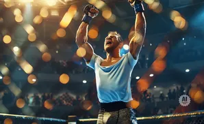 MMA fighter with arms raised in victory, bathed in arena lights with blurred audience in the background.